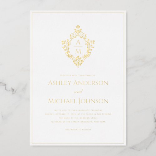 Crest Monogram 2 Initials Elegant Wedding Gold Foil Invitation