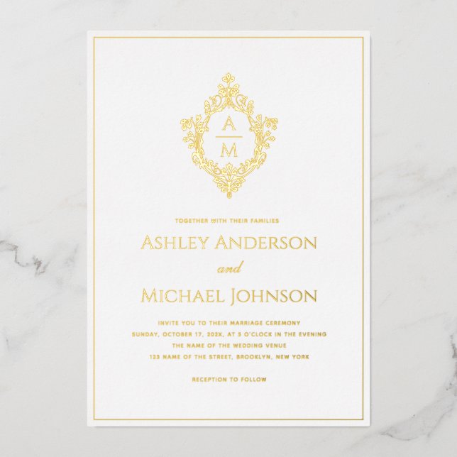 Crest Monogram 2 Initials Elegant Wedding Gold Foil Invitation (Front)
