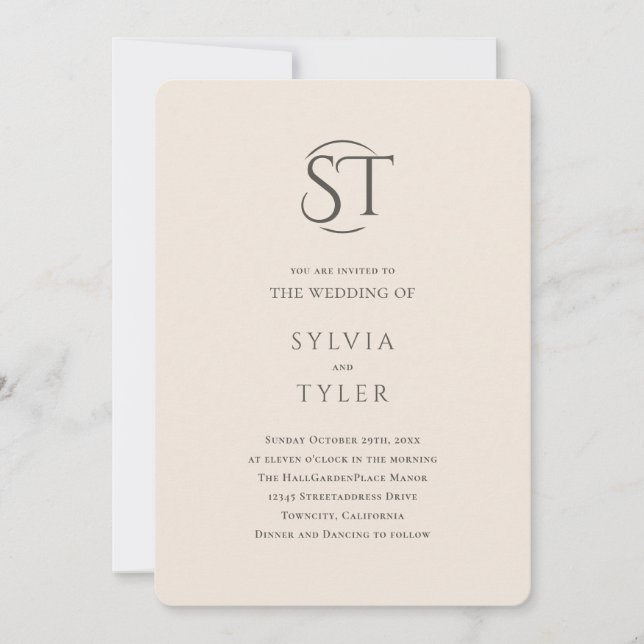 Crest Monogram Beige Typography Wedding Invitation (Front)