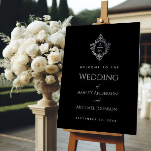 Crest Monogram Black Gray Vintage Wedding Welcome Foam Board