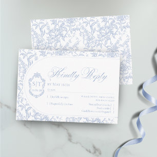 Crest Monogram Blue and White Floral Script RSVP Card