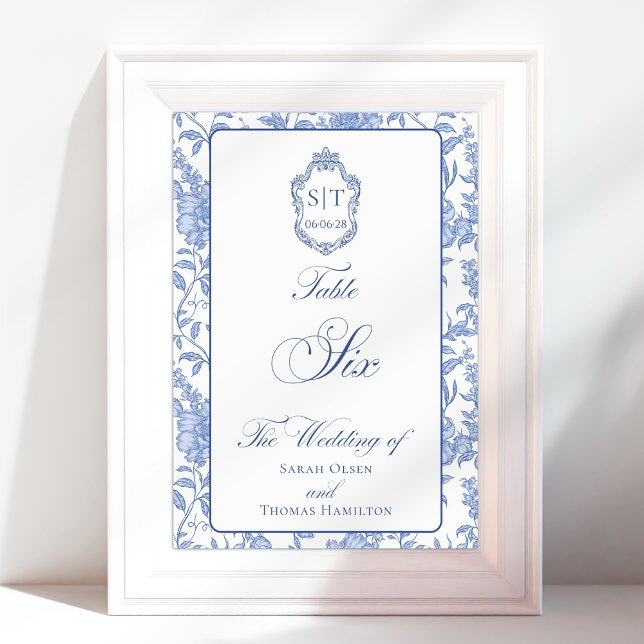 Crest Monogram Blue Floral Script Six Table Number (Creator Uploaded)