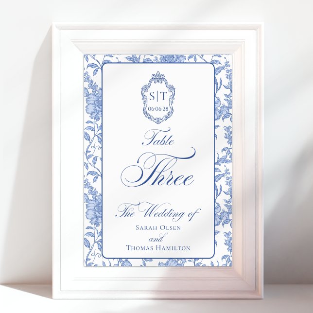 Crest Monogram Blue Floral Script Three Table Number (Creator Uploaded)