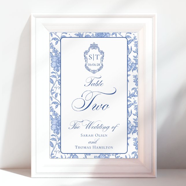 Crest Monogram Blue Floral Script Two Table Number (Creator Uploaded)