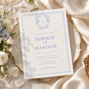 Crest Monogram Blue French All in One Wedding Invitation