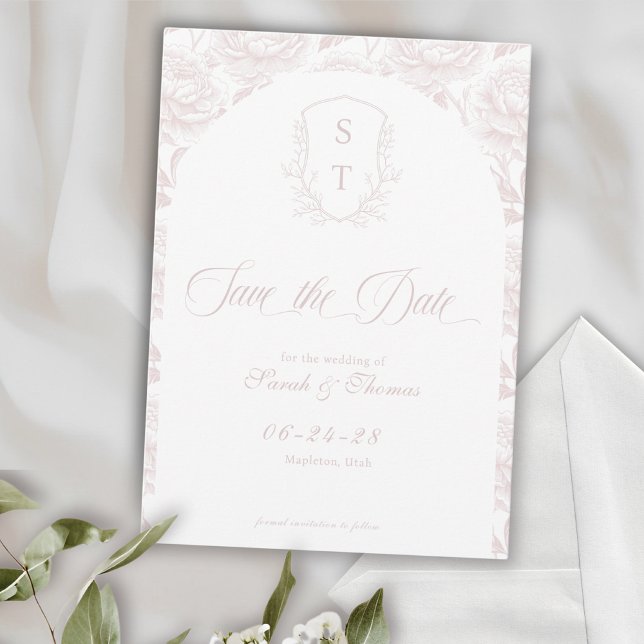Crest Monogram Blush Pink Script Save The Date (Crest Save The Date Formal Card blush pink. Wedding classic and timeless)