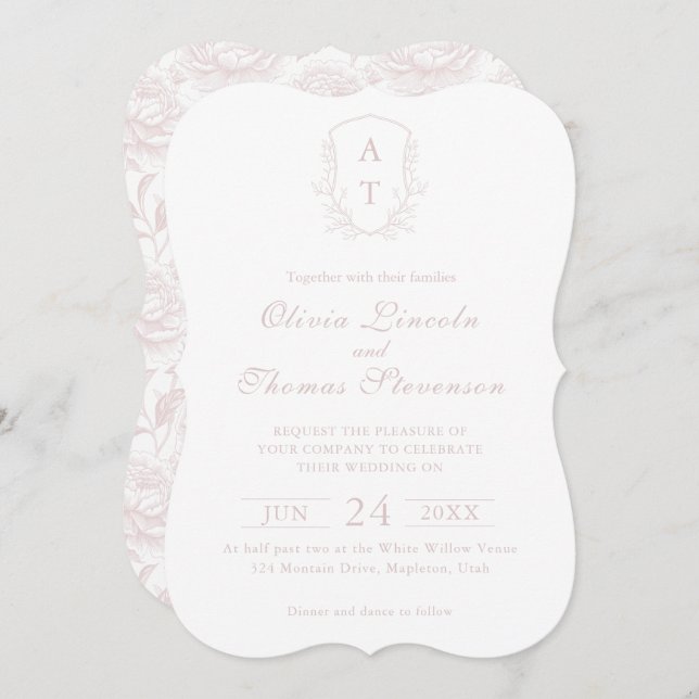 Crest Monogram Blush Pink Wedding Invitation (Front/Back)