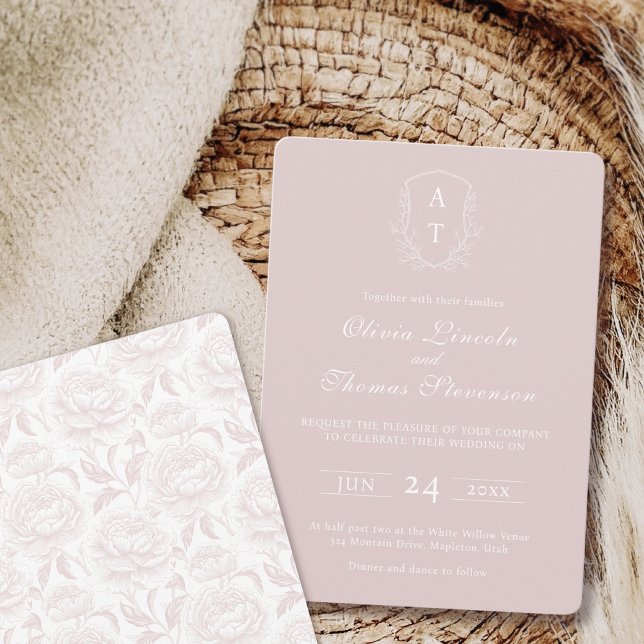 Crest Monogram Blush Pink Wedding Invitation (Creator Uploaded)
