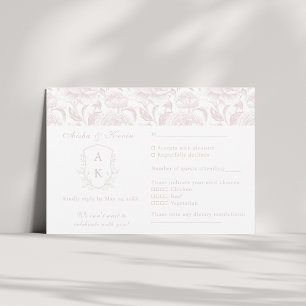 Crest Monogram Blush Pink Wedding landscape RSVP Card
