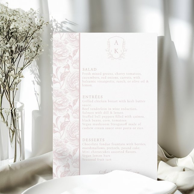 Crest Monogram Blush Pink Wedding Menu Card (Creator Uploaded)