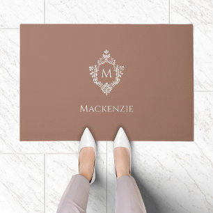 Crest Monogram Brown White Initial & Name elegant Doormat