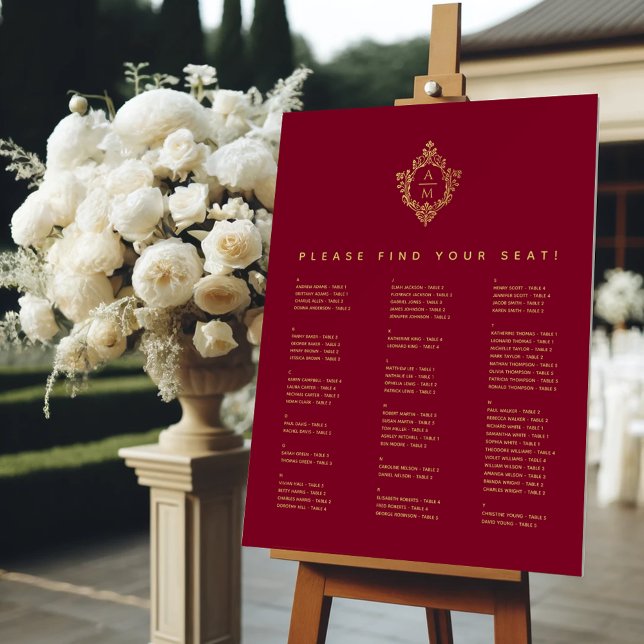 Crest Monogram Burgundy Alphabetical Seating Chart Foam Board (Creator Uploaded)