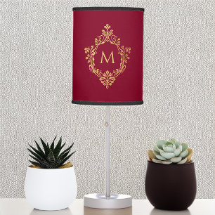 Crest Monogram Burgundy Faux Gold Elegant Vintage Table Lamp