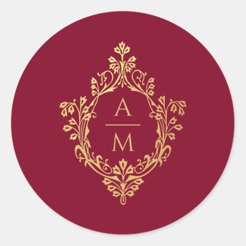 Crest Monogram Burgundy Faux Gold Vintage Wedding  Classic Round Sticker