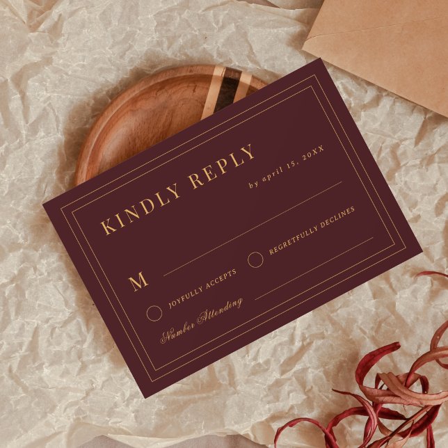 Crest Monogram Burgundy Gold Vintage Wedding RSVP Card (Creator Uploaded)