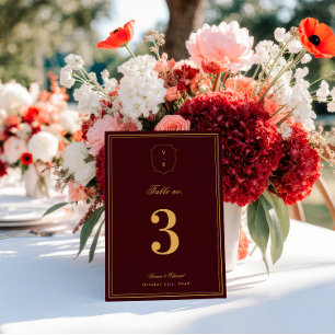 Crest Monogram Burgundy Gold Wedding Table Number