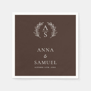 Crest Monogram Chocolate Brown and White Wedding Napkins