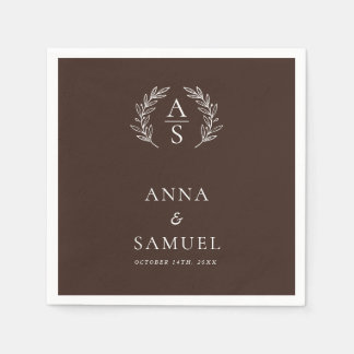 Crest Monogram Chocolate Brown and White Wedding Napkins