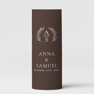 Crest Monogram Chocolate Brown and White Wedding Pillar Candle