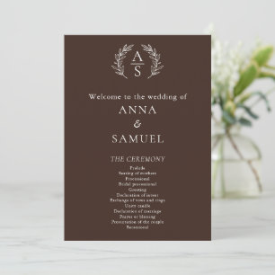 Crest Monogram Chocolate Brown and White Wedding Program