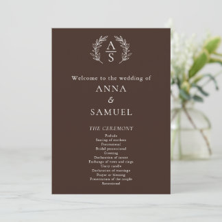Crest Monogram Chocolate Brown and White Wedding Program