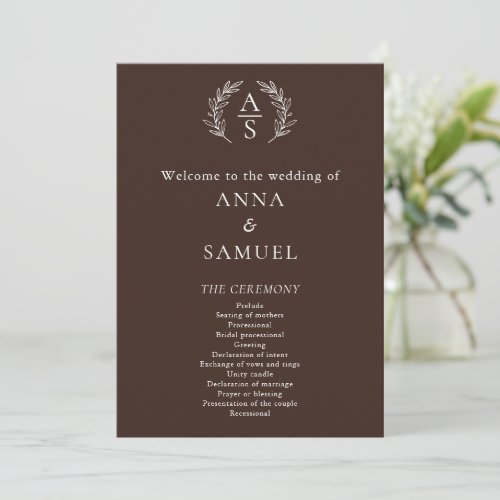 Crest Monogram Chocolate Brown and White Wedding Program