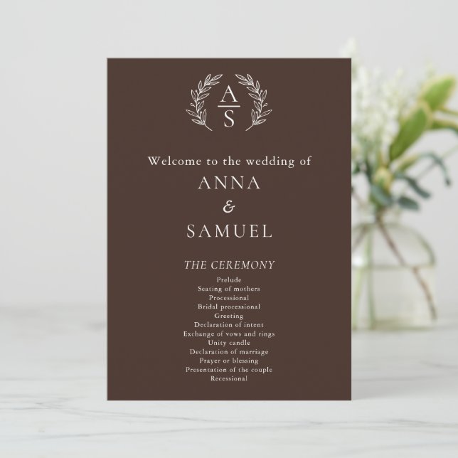 Crest Monogram Chocolate Brown and White Wedding Program (Standing Front)