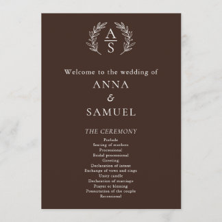 Crest Monogram Chocolate Brown and White Wedding Program
