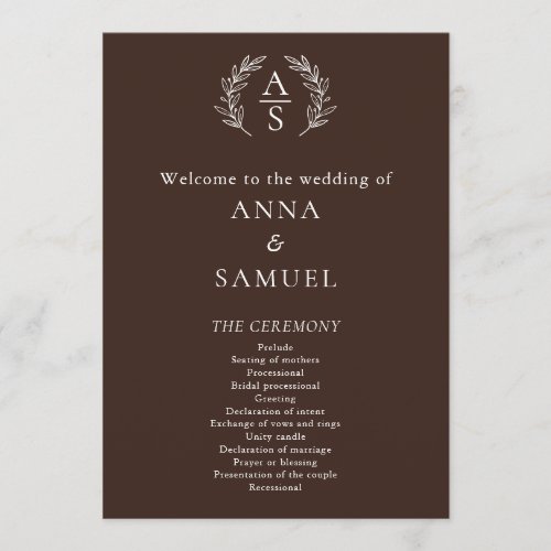 Crest Monogram Chocolate Brown and White Wedding Program