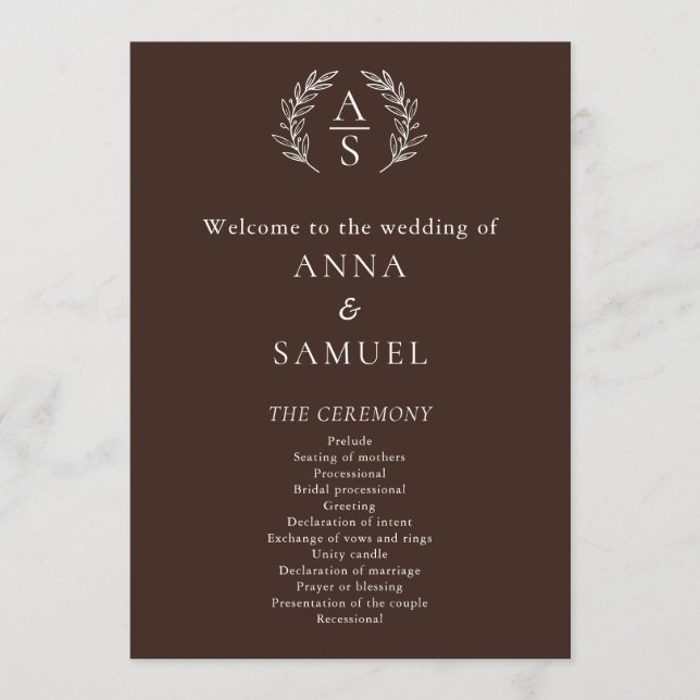 Crest Monogram Chocolate Brown and White Wedding Program (Front)