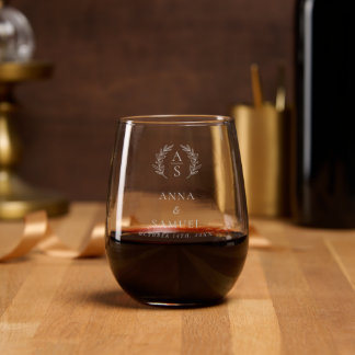 Crest Monogram Chocolate Brown and White Wedding Stemless Wine Glass