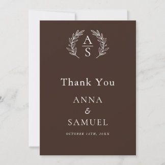 Crest Monogram Chocolate Brown and White Wedding Thank You Card