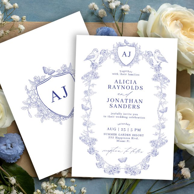 Crest monogram classic blue toile de jouy wedding invitation (Creator Uploaded)