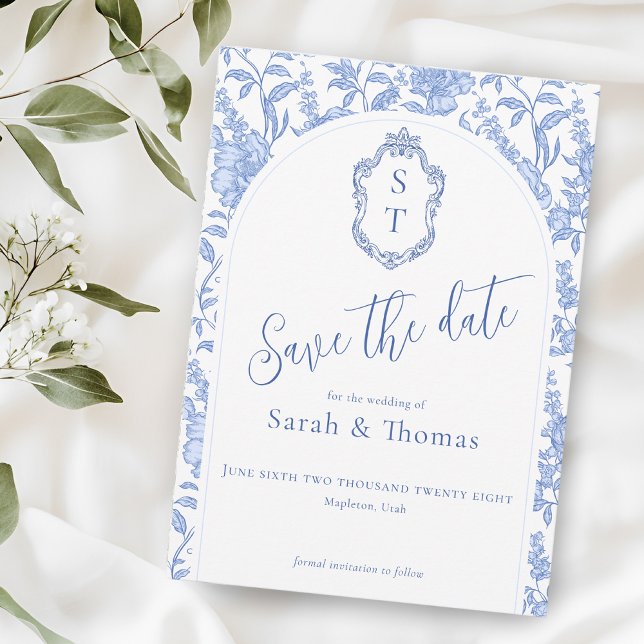 Crest Monogram Delft Blue Floral Script Save The Date (Creator Uploaded)