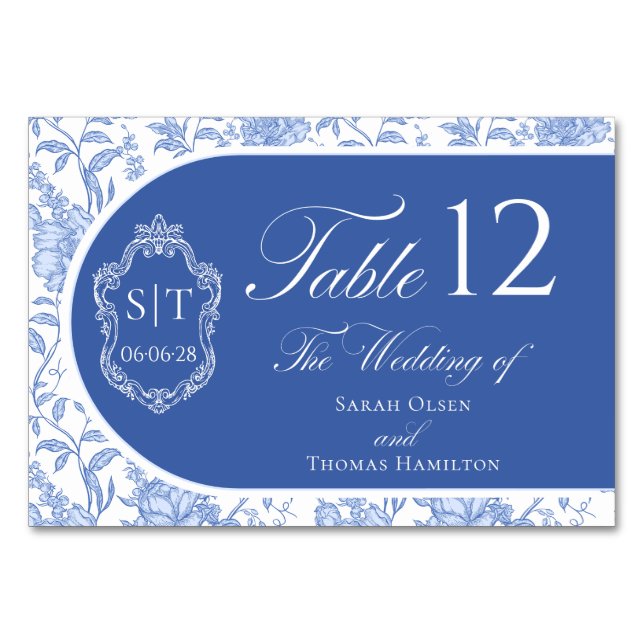 Crest Monogram Delft Blue Floral Script Table Number (Front)
