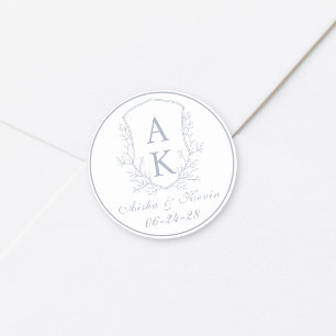 Crest Monogram Dusty Blue Wedding Classic Round Sticker
