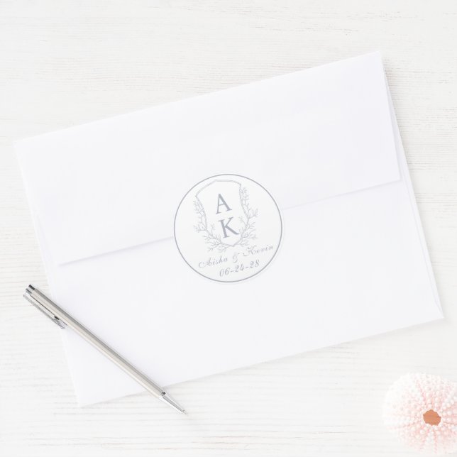 Crest Monogram Dusty Blue Wedding Classic Round Sticker (Envelope)