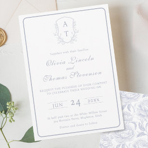 Crest Monogram Dusty Blue Wedding Invitation