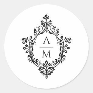 Crest Monogram Elegant Black and White Wedding Classic Round Sticker