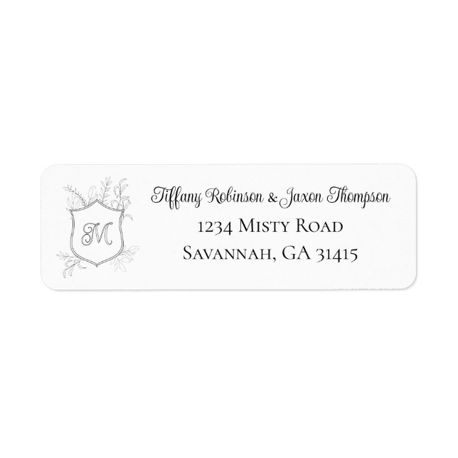 Crest Monogram Foliage Black and White Address Label (Front)