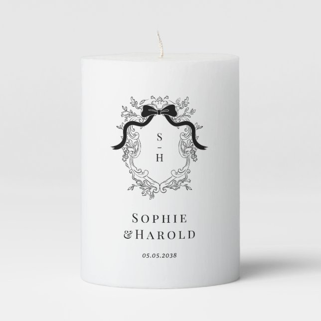 Crest Monogram French Victorian Vintage Wedding Pillar Candle (Front)