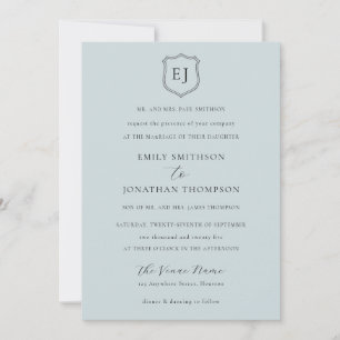 Crest Monogram Initials Dusty Blue Formal Wedding Invitation