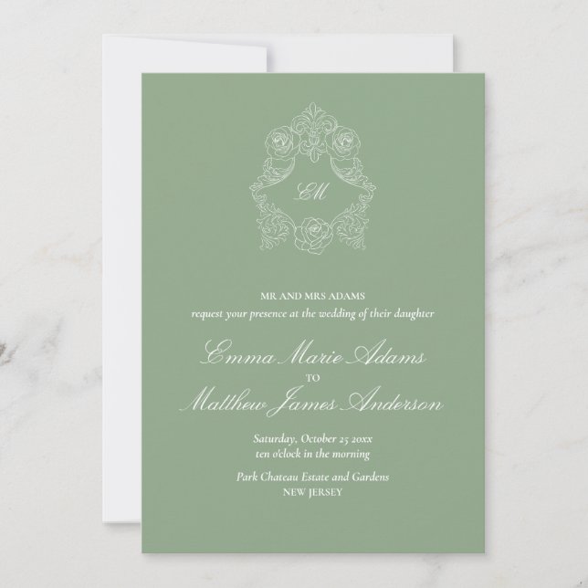Crest Monogram Logo Sage Green Wedding Invitation (Front)