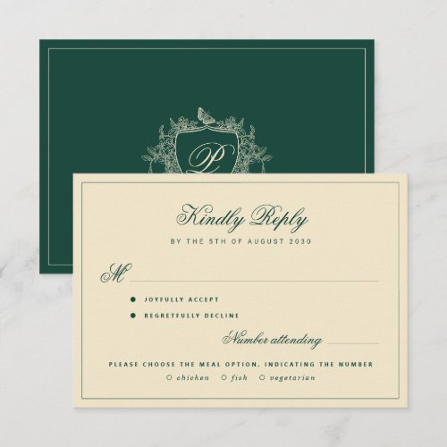 Crest monogram meal choice emerald green wedding RSVP card