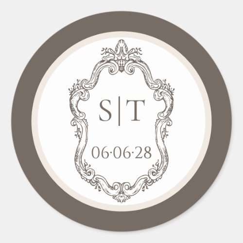 Crest Monogram Mocha And Cream Wedding Classic Round Sticker