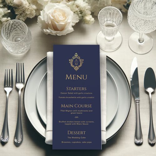 Crest Monogram Navy Blue Faux Gold Elegant Wedding Menu