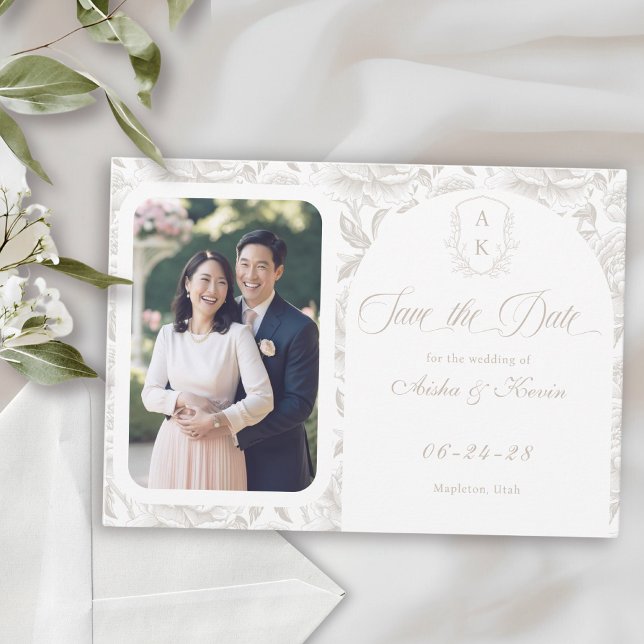 Crest Monogram Pale Taupe Script Photo Save The Date (Creator Uploaded)
