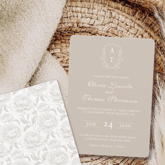 Crest Monogram Pale Taupe Wedding Invitation (Creator Uploaded)