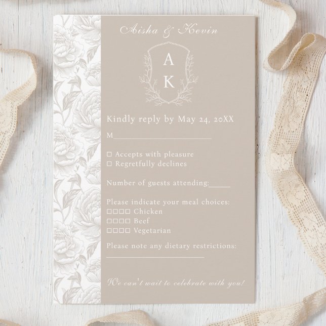 Crest Monogram Pale Taupe Wedding RSVP Card (Creator Uploaded)