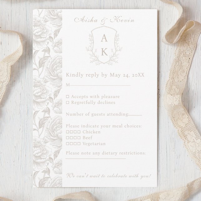 Crest Monogram Pale Taupe Wedding RSVP Card (Creator Uploaded)